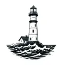 a lighthouse, with a big cross on the top of the lighthouse, surrounded by waves crashing. it must be black and white tattoo design idea