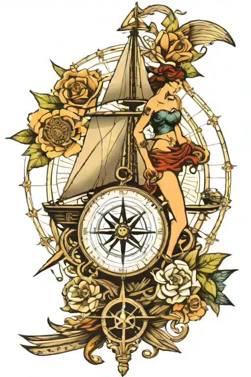tall ship, navigation compass, hula Girl, swallows, anchor tattoo design idea