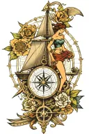tall ship, navigation compass, hula Girl, swallows, anchor tattoo design idea