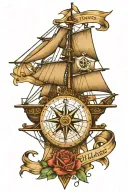 tall ship, navigation compass, hula Girl, swallows, anchor tattoo design idea
