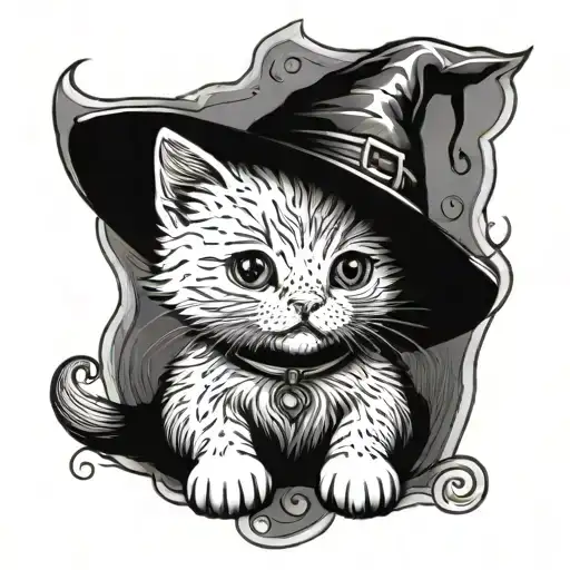 A little kitten with a witch hat in front of a pumpkin tattoo design idea