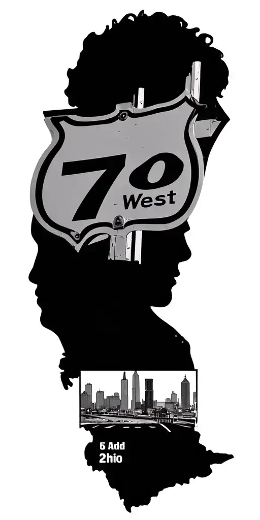 civilain  silhouette, leaving columbus ohio and returning w/city skyline in background add 70 West freeway sign tattoo design idea