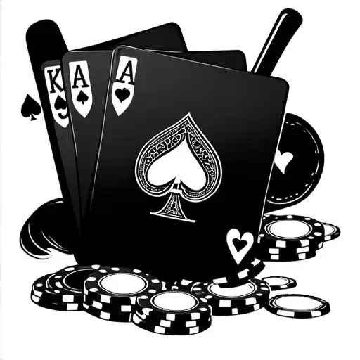 Blackjack and poker  with AK of hearts with poker chips shuffling underneath and golf clubs crossing on top  tattoo design idea