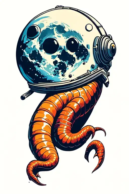 Wes Anderson style earthworm wearing a space helmet floating in front of the moon tattoo design idea