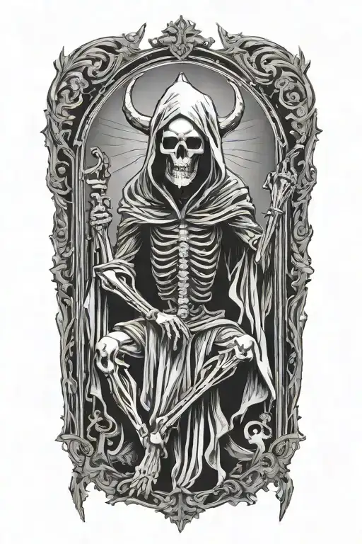 Tarot card, death. Represented as a hooded skeletal figure, posing like Baphomet tattoo design idea