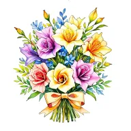 gladiolus, jonquil, rose, sweet pea flower bouquet tied with bow line tattoo colored. tattoo design idea