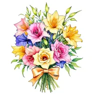 gladiolus, jonquil, rose, sweet pea flower bouquet tied with bow line tattoo colored. tattoo design idea