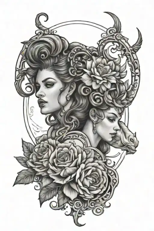 create a sleeve design featuring the zodiac signs gemini and capricorn for a female client representing family tattoo design idea