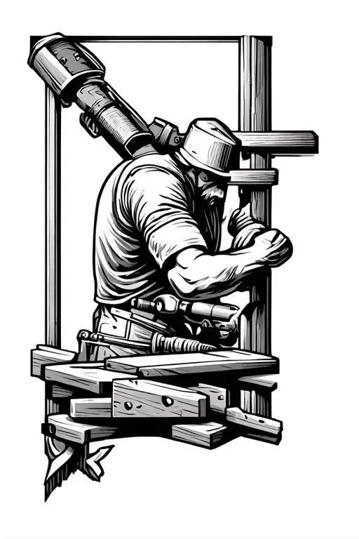 Create a detailed, black-and-white, carpentry-themed half-sleeve tattoo for the upper arm, extending from the shoulder t tattoo design idea