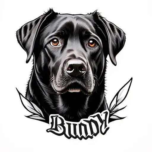 black lab with the name Buddy tattoo design idea