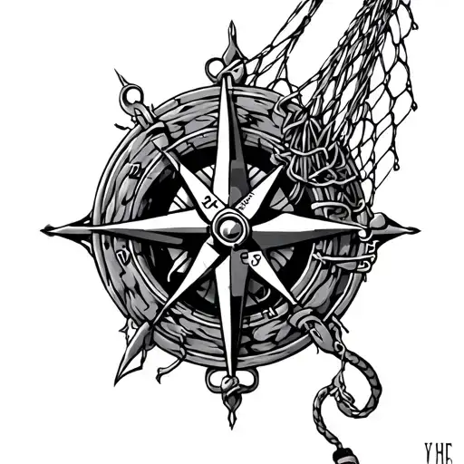 A black-grey tattoo of a fishing net intertwined with a nautical compass design tattoo design idea