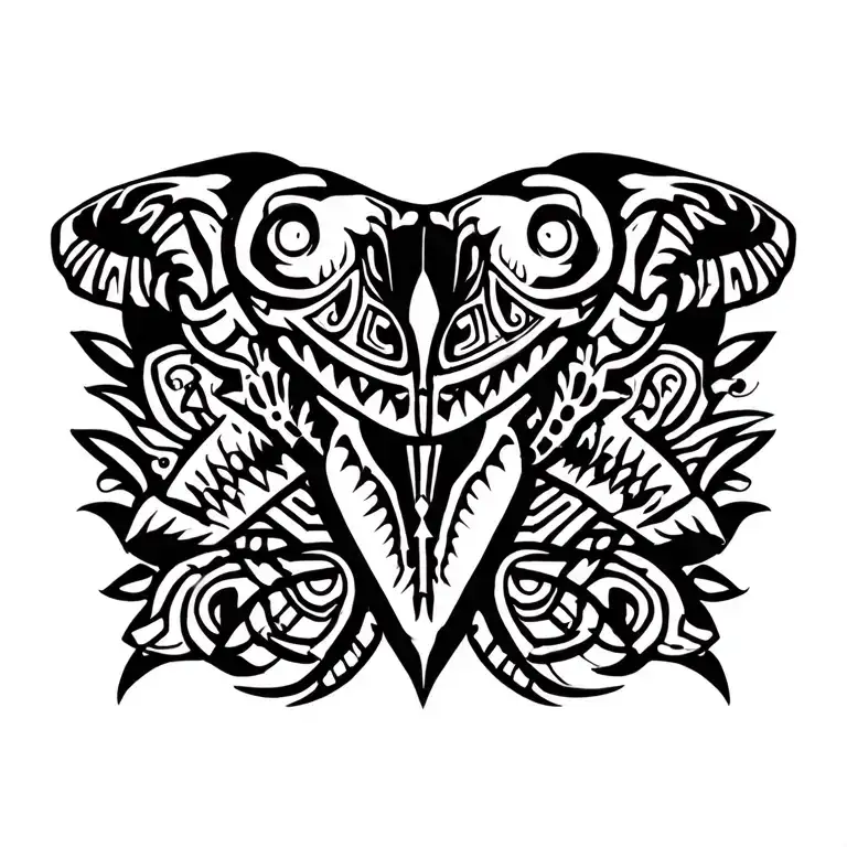 Enata, Tiki, Shark tooth, and Turtle elements in a Polynesian tribal design on left chest and extent like lego tattoo design idea