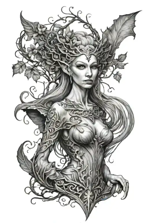 hyper realistic elven goddess standing tattoo design idea