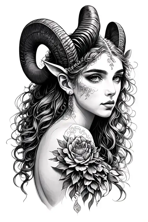 woman with ram horns tattoo design idea