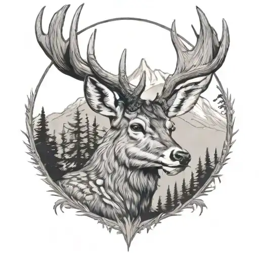 A mule deer with intricate antlers surrounded by a forest landscape, capturing the client's passion for hunting and nature tattoo design idea