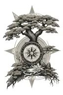bonsai tree river flowing compass rose tattoo design idea