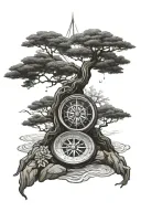 bonsai tree river flowing compass rose tattoo design idea