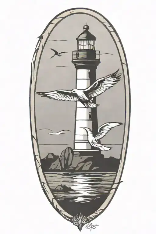 lighthouse, compass, heart, calm ocean, beach, seagull tattoo design idea