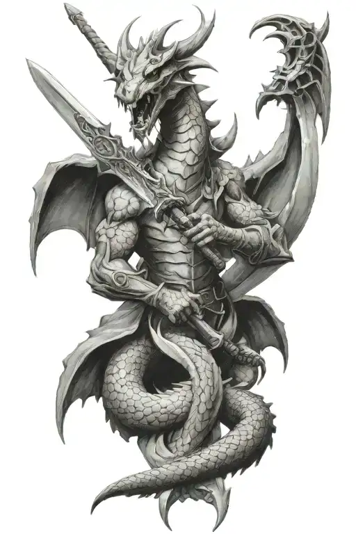 dragon and warrior wielding a sword tattoo design idea