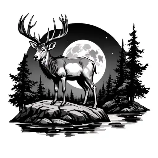 I want one indian male deer with big horns standing on the rock in full moon night. tattoo design idea