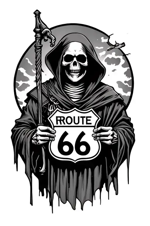 Grim reaper holding a route 66 sign integrated tattoo design idea