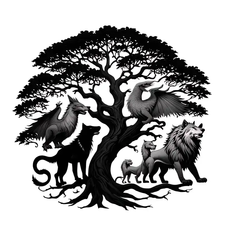 tree with branches for names of family members being protected by a wolf, lion, dragon, and phoenix  tattoo design idea
