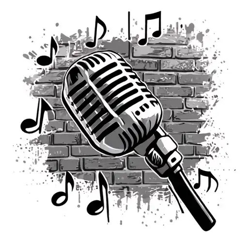 microphone and song notes intertwined with a brick graffiti wall n the back ground tattoo design idea