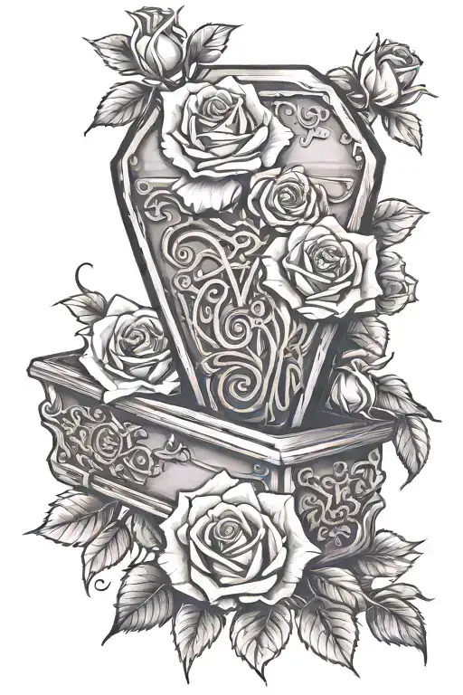 coffin, roses, says "i'm not dead i only dress that way" tattoo design idea