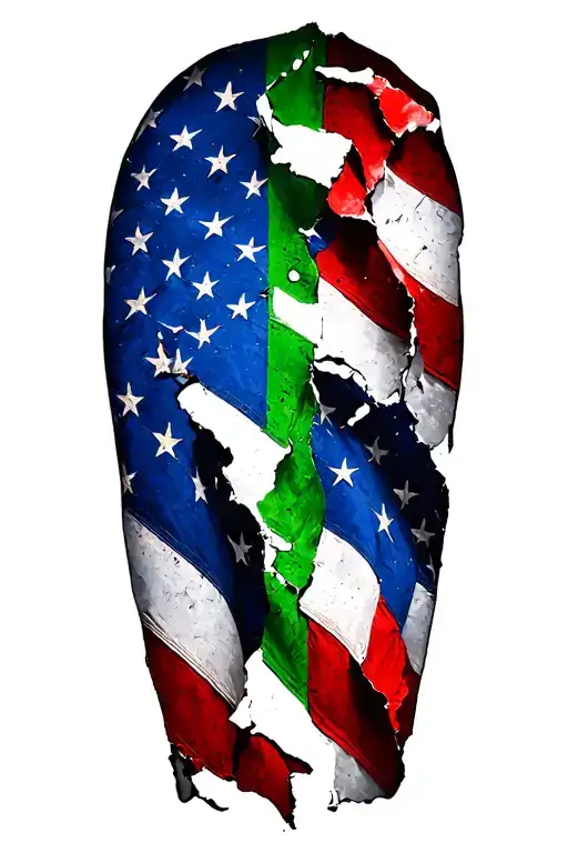 tattered subdued American  flag with thin blue and thin green line in the center tattoo design idea