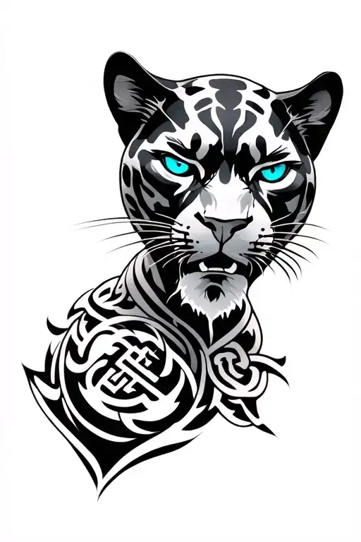 realisticw black panther tattoo in black, ice blue eyes, karate symbols, chest and arm design tattoo design idea