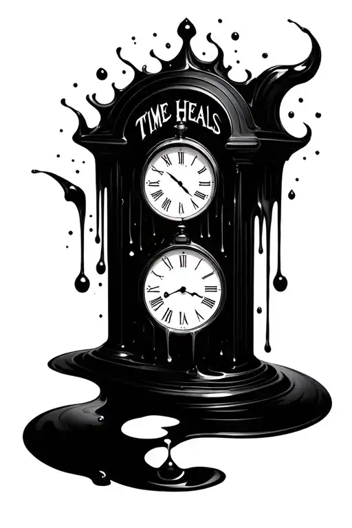 A clock melting into a puddle with the words 'Time Heals' incorporated in a creative way tattoo design idea