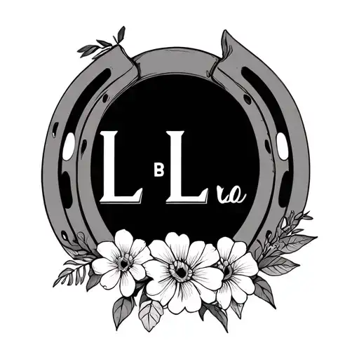 horse shoe with flowers and the letters L B L written in cursive through it tattoo design idea