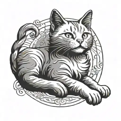 a cat lifting a whight victorious pose tattoo design idea
