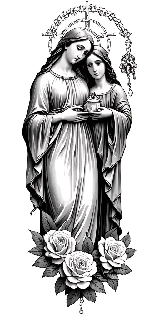 Saint Matilda and Virgin Mary with rosary and roses tattoo design idea