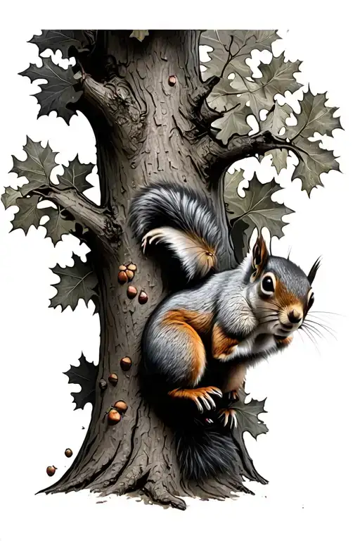 a squirrel climbing an oak tree. the tree has acorns growing on it tattoo design idea