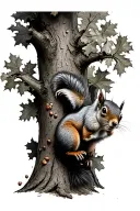 a squirrel climbing an oak tree. the tree has acorns growing on it tattoo design idea