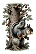 a squirrel climbing an oak tree. the tree has acorns growing on it tattoo design idea