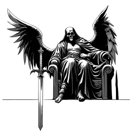 angel of death sitting on a throne holding a sword tattoo design idea