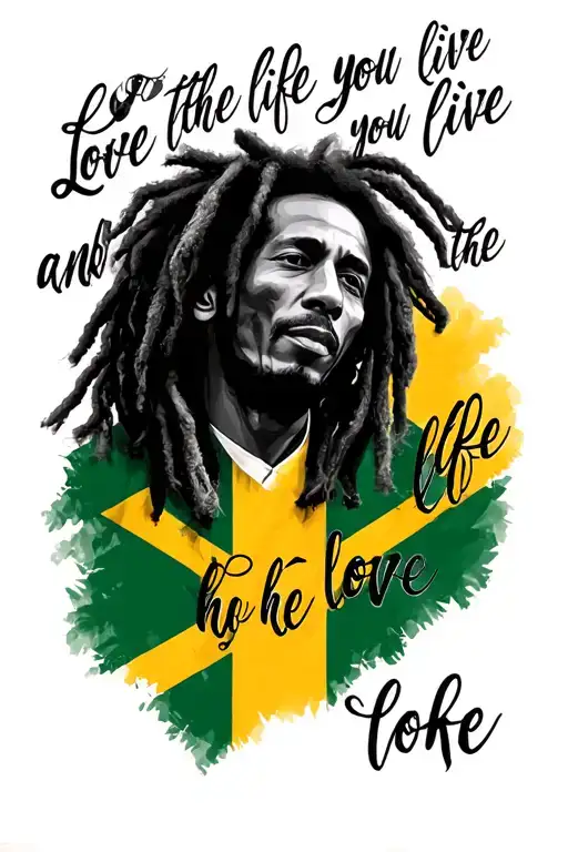 bob marley infront of a Jamaican flag and his famous quote "love the life you live and live the life you love" tattoo design idea