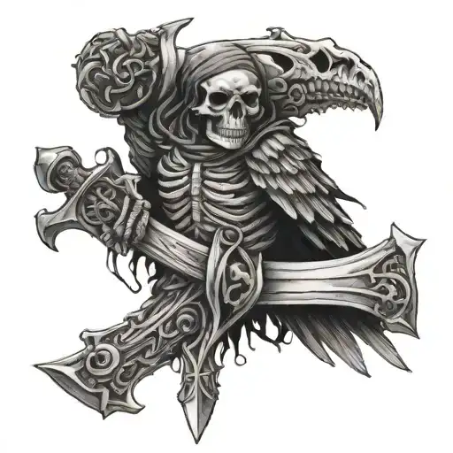 skeletal rook holds sword tattoo design idea
