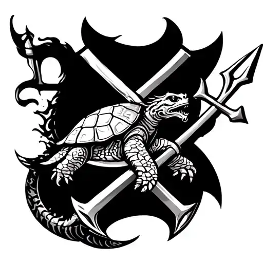 visual concept tattoo with the Fouled Anchor, oriental dragon, Crossed Cannons, a fighting sea turtle with a trident tattoo design idea