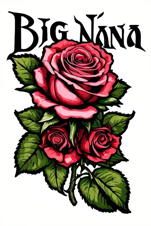rose with the name big nana in the stem tattoo design idea