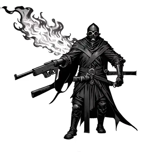 Knight of dead in black long robe, with gas mask, and shotgun in hand, fire behind him tattoo design idea