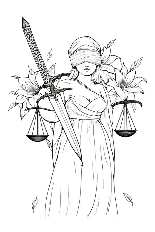 Tattoo of blindfolded lady holding sword (right hand) and scales (left hand), with lily flowers background tattoo design idea