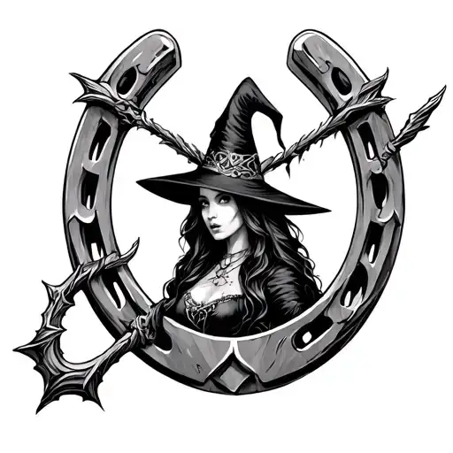 grand dark witch, horseshoe surrounded by lines tattoo design idea