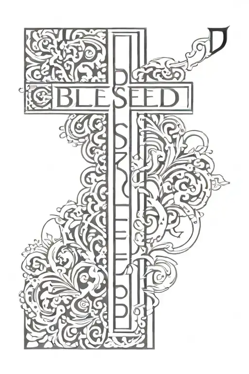 cross above the word "blessed" with blessed being spelled going vertical tattoo design idea