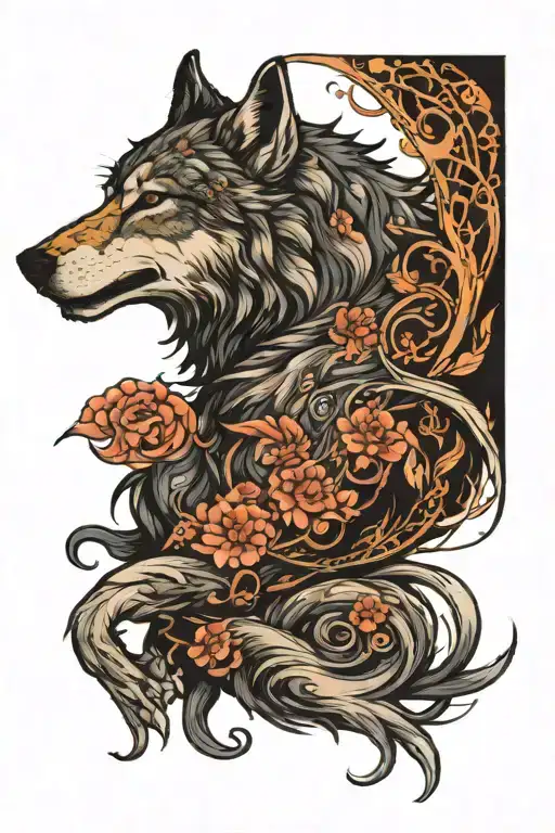 A great wolf laying down whos tail is raised in the air morphing into celestial fauna  tattoo design idea