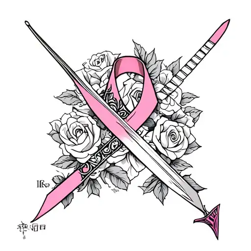 Breast cancer ribbon with a sword going through it with roses surrounding tattoo design idea