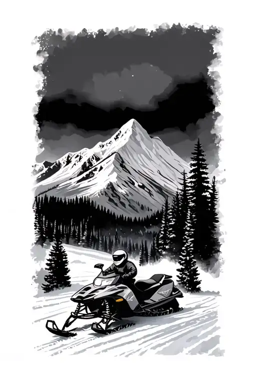 snowmobile mountain scene tattoo design idea