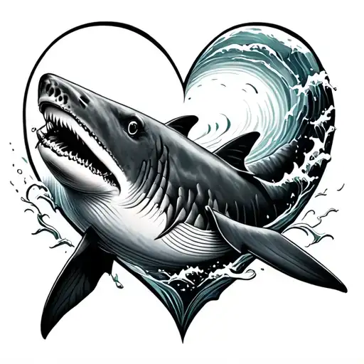whale shark swimming therough a heart with waves crashing tattoo design idea